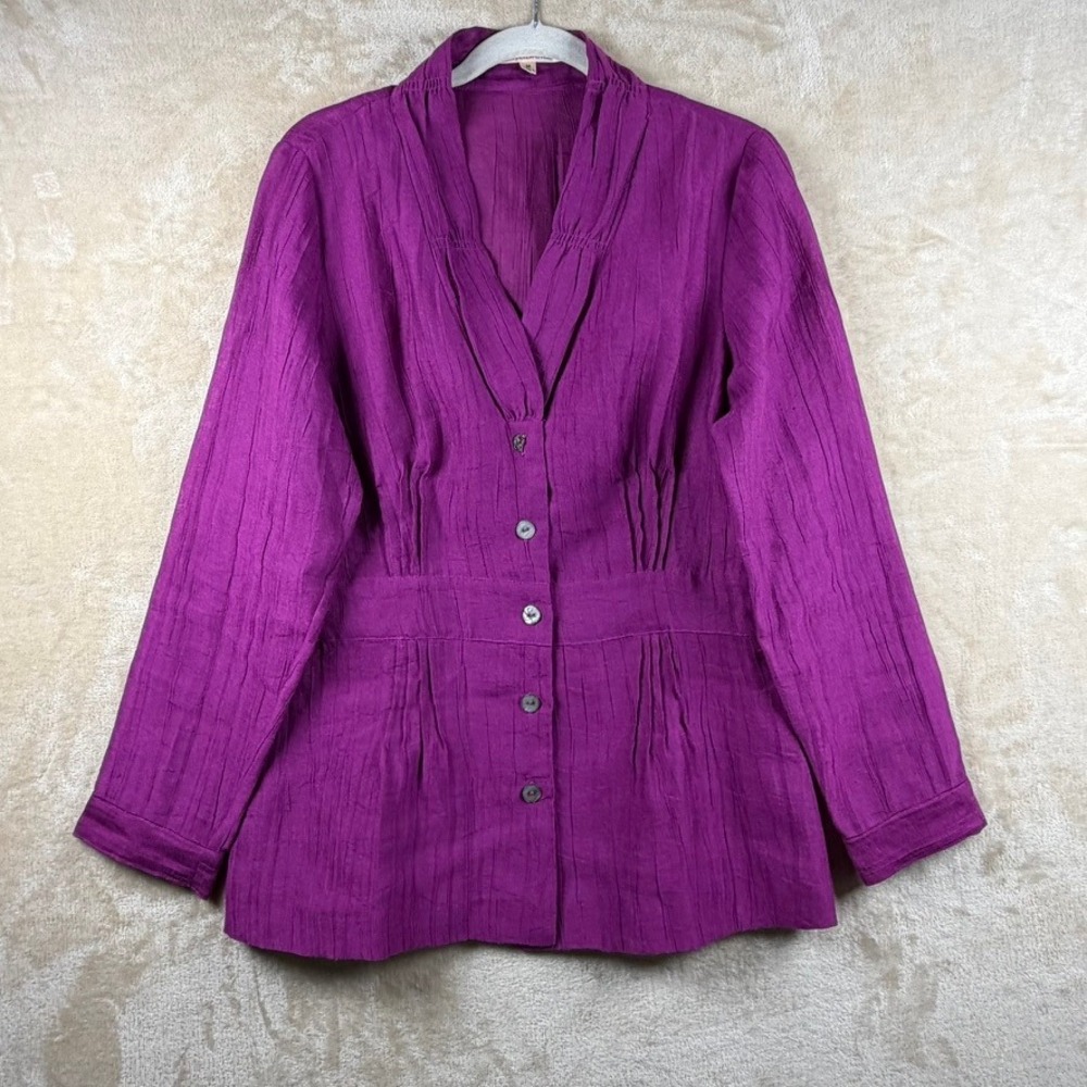 TravelSmith Womens M Magenta Purple Linen Blend Pleated Button Front Blouse